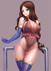 Rule 34 | 1girl, adapted costume, alternate costume, bare shoulders, blue eyes, blue gloves, blue thighhighs, breasts, brown hair, brown leotard, cleavage, commentary request, covered navel, elbow gloves, fate/grand order, fate (series), gem, gloves, head tilt, highleg, highleg leotard, highres, large breasts, legs together, leonardo da vinci (fate), leotard, looking at viewer, mechanical arms, parted bangs, parted lips, purple background, ranma (kamenrideroz), sidelocks, simple background, single mechanical arm, smile, solo, standing, thigh gap, thighhighs