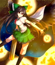 Rule 34 | 1girl, arm cannon, bad id, bad pixiv id, black wings, brown hair, cape, energy ball, female focus, long hair, outstretched arm, outstretched hand, red eyes, reiuji utsuho, ribbon, skirt, smile, solo, third eye, touhou, tsuchifumazu, weapon, wings