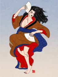 Rule 34 | 1girl, absurdres, barefoot, black hair, breasts, brown eyes, cleavage, collarbone, dancing, eyeshadow, fine art parody, full body, gradient background, hand fan, highres, inkan, japanese clothes, kimono, leg up, long hair, looking to the side, makeup, nihonga, open clothes, open kimono, original, parody, red eyeshadow, red nails, sei5osuzuki