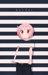 Rule 34 | 0kp4r, 1girl, bad id, bad pixiv id, blush, casual, clothes pull, denim, english text, highres, jeans, looking at viewer, nonohara yuzuko, okayparium, pants, pink eyes, pink hair, shirt, shirt pull, short hair, smile, solo, striped background, striped clothes, striped shirt, surreal, t-shirt, text focus, yuyushiki