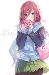 Rule 34 | 1girl, absurdres, bad id, bad pixiv id, bag, black jacket, blazer, blue cardigan, blue eyes, blue scarf, blush, box, brown hair, brown pantyhose, buttons, cardigan, cardiogram, closed mouth, commentary request, cowboy shot, fringe trim, gift, gift box, glint, go-toubun no hanayome, green skirt, hair between eyes, hands up, has bad revision, has downscaled revision, heart, heart-shaped box, heartbeat, highres, holding, holding box, jacket, long hair, long sleeves, looking at viewer, md5 mismatch, miniskirt, nakano miku, open clothes, open jacket, pantyhose, paper bag, pleated skirt, resolution mismatch, sakura honoka (srhk0623), scarf, sidelocks, skirt, sleeves past wrists, solo, source smaller, standing, valentine