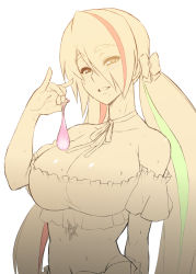 Rule 34 | 1girl, bare shoulders, blush, breasts, collarbone, condom, crop top, eyes visible through hair, hair over one eye, half-closed eyes, implied sex, large breasts, long hair, looking at viewer, low twintails, midriff, multicolored hair, nikaidou saki, otoo (izanagi), ribbon, seductive smile, short sleeves, simple background, smile, solo, sweat, thick eyebrows, twintails, upper body, used condom, very long hair, white background, zombie land saga