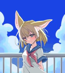 Rule 34 | 1girl, animal ears, blonde hair, blue eyes, blunt ends, blush, bright pupils, cloud, cloudy sky, collarbone, commentary, day, fennec (kemono friends), head tilt, highres, kemono friends, looking at viewer, neckerchief, petit ramune, railing, sailor collar, school uniform, short hair, short sleeves, sky, smile, solo, standing, white pupils