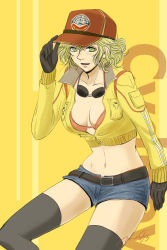 Rule 34 | 10s, 1girl, bad id, bad pixiv id, baseball cap, belt, bikini, bikini top only, black gloves, black thighhighs, blonde hair, bra, breasts, character name, cidney aurum, cleavage, cowboy shot, cropped jacket, denim, denim shorts, dirty, dirty face, female focus, final fantasy, final fantasy xv, gloves, goggles, goggles around neck, green eyes, hat, highres, jacket, large breasts, midriff, missan, navel, nose, open clothes, open jacket, parted lips, short hair, short shorts, shorts, solo, swimsuit, thighhighs, underwear, zipper