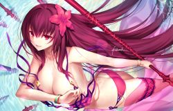 Rule 34 | 1girl, artist name, ass, bare shoulders, bikini, unworn bikini top, bracelet, breasts, butt crack, cleavage, collarbone, commentary request, covering privates, covering breasts, fate/grand order, fate (series), flower, gae bolg (fate), hair flower, hair ornament, hip focus, holding, holding weapon, jewelry, kousaki rui, lance, large breasts, long hair, looking at viewer, nail polish, parted lips, perspective, polearm, purple hair, red bikini, red eyes, sarong, scathach (fate), scathach (fate/grand order), scathach (swimsuit assassin) (fate), signature, smile, solo, swimsuit, thigh strap, thighs, water, weapon, wet