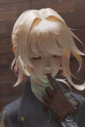 Rule 34 | 10s, absurdres, bibido, blonde hair, braid, brown gloves, closed eyes, collared jacket, eyelashes, french braid, gloves, hair intakes, hair ribbon, highres, jacket, mechanical hands, mouth hold, portrait, red ribbon, removing glove, ribbon, single mechanical hand, uniform, violet evergarden, violet evergarden (series)