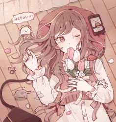 Rule 34 | 1girl, bag, brown eyes, brown hair, cellphone, commentary request, dress, elephant, flower, flying sweatdrops, hand up, holding, holding flower, jewelry, long sleeves, looking at viewer, lying, mozukuzu (manukedori), on back, on floor, one eye closed, original, petals, phone, ring, smartphone, solo, tulip, upper body, white dress