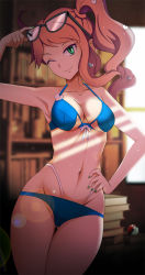 Rule 34 | 1girl, bare shoulders, bikini, blue bikini, blurry, blurry background, book, bookshelf, breasts, cleavage, collarbone, commentary, creatures (company), day, fingernails, game freak, glasses, gluteal fold, hand on own hip, head tilt, highres, indoors, long hair, looking at viewer, medium breasts, nail polish, navel, nintendo, one eye closed, orange hair, poke ball, pokemon, pokemon swsh, ponytail, side ponytail, simple background, smile, solo, sonia (pokemon), stomach, swimsuit, thighs, vivivoovoo, window