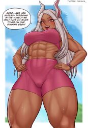 Rule 34 | 1girl, abs, animal ears, bare shoulders, bike shorts, blue sky, blurry, blurry background, boku no hero academia, border, breasts, breath, cameltoe, cheekie, cleft of venus, covered erect nipples, dark-skinned female, dark skin, english text, from below, hands on own hips, highres, large breasts, long eyelashes, long hair, looking at viewer, midriff, mirko, muscular, muscular female, nail polish, navel, obliques, open mouth, outdoors, parted bangs, pink nails, pink shorts, pink sports bra, rabbit ears, rabbit girl, red eyes, shorts, sky, solo, speech bubble, sports bra, stomach, sweat, teeth, thick thighs, thighs, twitter username, upper teeth only, watch, white border, white hair, wristwatch