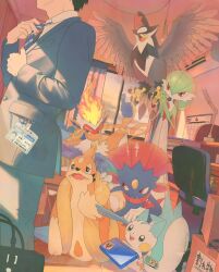Rule 34 | 1boy, adjusting clothes, adjusting necktie, bed, bird, black hair, black suit, book, book stack, chair, closed eyes, collared shirt, creatures (company), crying, crying with eyes open, desk, desk lamp, evening, floatzel, formal, game freak, gardevoir, gen 3 pokemon, gen 4 pokemon, handheld game console, highres, indoors, infernape, lamp, long sleeves, looking at another, meta, name tag, necktie, nintendo, nintendo ds, office chair, original, pachirisu, pants, pokemon, pokemon (creature), red eyes, shirt, short hair, smile, squirrel, standing, staraptor, suit, swivel chair, tears, thumbs up, trash bag, trash can, urachan1629, weavile, white shirt