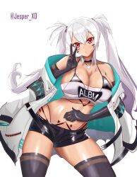 Rule 34 | 1girl, alabama (azur lane), azur lane, bandeau, bare shoulders, bikini, bikini under clothes, black bikini, black choker, black gloves, black shorts, black thighhighs, breasts, choker, clothes writing, cowboy shot, dark-skinned female, dark skin, elbow gloves, facial mark, gloves, hair between eyes, hand up, head tilt, highres, jacket, large breasts, long hair, looking at viewer, midriff, off shoulder, pink eyes, short shorts, shorts, simple background, skyxero13, solo, standing, stomach, strapless, swimsuit, thighhighs, thighs, third-party source, tube top, twintails, v, very long hair, whisker markings, white background, white hair, white jacket