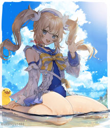 Rule 34 | 1girl, barbara (genshin impact), barbara (summertime sparkle) (genshin impact), bird, blonde hair, blue eyes, blue sky, bow, bowtie, cloud, cloudy sky, drill hair, duck, genshin impact, hands up, hat, highres, looking at viewer, ojo aa, one-piece swimsuit, open mouth, partially submerged, sailor hat, signature, sky, solo, swimsuit, twin drills, twintails, water
