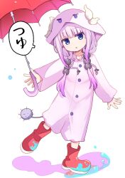 Rule 34 | 1girl, beads, blue eyes, boots, cool-kyou shinja, fake horns, full body, hair beads, hair ornament, highres, holding, holding umbrella, hood, hood up, horned hood, horns, kanna kamui, kobayashi-san chi no maidragon, long sleeves, looking at viewer, multicolored hair, open mouth, purple hair, raincoat, solo, tail, translation request, umbrella, water, white hair