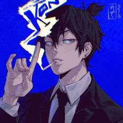 Rule 34 | 1boy, black hair, black jacket, black necktie, blue background, blue eyes, blue theme, chainsaw man, cigarette, collared shirt, earrings, formal, fox shadow puppet, hayakawa aki, highres, jacket, jewelry, looking at viewer, necktie, parted lips, seilo art, shirt, short hair, smoke, smoking, solo, stud earrings, suit, suit jacket, topknot, white shirt