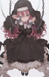 Rule 34 | 1girl, bandaged arm, bandages, black dress, black footwear, blue eyes, blush, bound, bound wrists, chain, commentary, cuffs, dolphro-kun, dress, grey background, habit, hair between eyes, halo, hands up, long hair, long sleeves, nun, original, parted lips, red hair, shoes, simple background, solo, sweat, symbol-only commentary, veil, very long hair