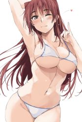 Rule 34 | 1girl, bikini, breasts, brown eyes, cleavage, cowboy shot, highres, kousaka tamaki, large breasts, long hair, looking at viewer, one eye closed, red hair, simple background, solo, swimsuit, thigh gap, to heart (series), to heart 2, two side up, underboob, white background, white bikini, zekkyon