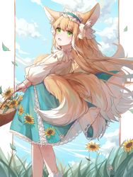 Rule 34 | 1girl, absurdres, animal ear fluff, animal ears, arknights, basket, blonde hair, blue hairband, blue skirt, blue sky, blush, cloud, day, feet out of frame, flower, fox ears, fox girl, fox tail, frilled hairband, frills, from side, green eyes, hairband, highres, holding, holding basket, jacket, kitsune, lan su, long hair, long sleeves, looking away, looking to the side, multicolored hair, puffy long sleeves, puffy sleeves, skirt, sky, solo, standing, suzuran (arknights), suzuran (spring praise) (arknights), tail, two-tone hair, very long hair, white flower, white hair, white jacket, yellow flower