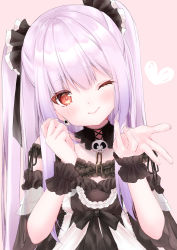 Rule 34 | 1girl, absurdres, bare shoulders, black dress, blush, breasts, closed mouth, detached sleeves, dress, earrings, frilled dress, frills, hair ornament, hands up, heart, highres, hololive, huge filesize, jewelry, long hair, looking at viewer, md5 mismatch, moizumi shipon, one eye closed, pink hair, red eyes, resolution mismatch, simple background, skull, skull earrings, small breasts, smile, solo, source smaller, twintails, two side up, uruha rushia, uruha rushia (3rd costume), virtual youtuber, wrist cuffs