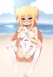 Rule 34 | 1girl, bad id, bad pixiv id, beach, blonde hair, cameltoe, cloud, day, food, glasses, hiren, long hair, ncsoft, ocean, one-piece swimsuit, outdoors, pangya, popsicle, red eyes, school swimsuit, sitting, sky, solo, spika (pangya), swimsuit, thighhighs, water, white school swimsuit, white one-piece swimsuit