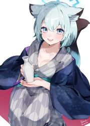 Rule 34 | 1girl, animal ears, blue archive, blush, bottle, breasts, cleavage, green eyes, halo, highres, holding, holding bottle, japanese clothes, kairi630, kimono, light green hair, medium breasts, official alternate costume, open mouth, shigure (blue archive), shigure (hot spring) (blue archive), simple background, smile, solo, white background, yukata