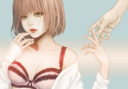 Rule 34 | 1girl, bra, brown hair, frilled bra, frills, green eyes, hand to own mouth, highres, jewelry, lingerie, lips, lipstick, makeup, original, ring, short hair, sifuri, solo, underwear