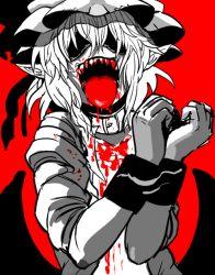 Rule 34 | 1girl, bad id, bad pixiv id, blood, blood in mouth, creepy, cuffs, female focus, hat, horror (theme), kirusu, monochrome, open mouth, pointy ears, remilia scarlet, sharp teeth, solo, teeth, tongue, touhou, vampire