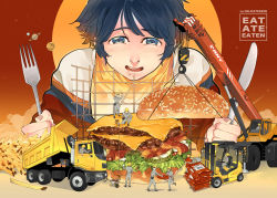 Rule 34 | 6+boys, bib, blue eyes, building, burger, cheese, construction, construction site, construction worker, crane (machine), cucumber, cucumber slice, driving, drooling, dump truck, dust cloud, fast food, fingernails, food, fork, forklift, french fries, giant, giving, hand up, hands up, hard hat, helmet, holding, holding fork, holding knife, ketchup, knife, le delicatessen, lettuce, long sleeves, looking back, looking down, meat, motor vehicle, multiple boys, on one knee, open mouth, original, outstretched arms, oversized food, oversized object, pants, planet, pointing, pulling, red sky, saliva, sesame seeds, sidelocks, sky, standing, steel beam, striped, truck, uniform, yellow headwear