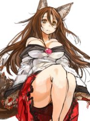 Rule 34 | 1girl, animal ears, bare shoulders, breasts, brooch, brown eyes, brown hair, closed eyes, dress, female focus, fingernails, frown, imaizumi kagerou, jewelry, large breasts, long fingernails, long hair, long sleeves, nail polish, off shoulder, red nails, sachito, sharp fingernails, simple background, sitting, slit pupils, solo, tail, thick thighs, thighs, touhou, white background, wolf ears, wolf tail