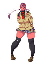 Rule 34 | black legwear, blush, colored skin, highres, horns, image sample, loafers, locketmonkey, pixiv sample, plaid, plaid skirt, pointy ears, purple eyes, purple hair, red skin, resized, school uniform, shoes, skirt, text focus, thighhighs, translation request, twintails