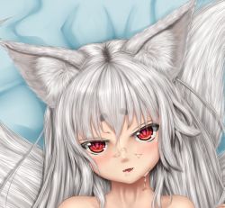 Rule 34 | 1girl, animal ears, bad id, bad pixiv id, blush, bukkake, cum, facial, fangs, fox ears, fox tail, long hair, looking at viewer, lying, multiple tails, nude, on back, open mouth, original, red eyes, silver hair, solo, tail, tenyoshi (briansept), very long hair