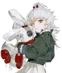 Rule 34 | 1girl, baifeidaiwang, black eyes, blunt bangs, bow, frills, from side, green jacket, hair bow, hair ornament, heterochromia, highres, hugging doll, hugging object, jacket, long hair, long sleeves, looking at viewer, looking to the side, original, parted lips, rabbit hair ornament, red bow, simple background, skirt, sleeves past wrists, solo, stuffed animal, stuffed rabbit, stuffed toy, topknot, white background, white eyes, white hair, white skirt