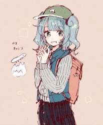 Rule 34 | 1girl, :d, alternate costume, backpack, bag, black skirt, blue eyes, blue hair, blunt bangs, blush, blush stickers, buttons, casual, charm (object), eyebrows, grin, hair bobbles, hair ornament, hat, jacket, kawashiro nitori, long sleeves, looking at viewer, matching hair/eyes, mozukuzu (manukedori), open mouth, short hair, simple background, sketch, skirt, smile, solo, teeth, touhou, two side up, upper body