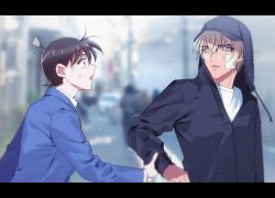 Rule 34 | 2boys, amuro tooru, bandaid, bandaid on cheek, bandaid on face, bespectacled, black hoodie, blazer, blonde hair, blue eyes, blue jacket, blurry, blurry background, brown hair, casual, collared shirt, commentary request, crack, drawstring, eye contact, from side, glasses, green neckwear, hair between eyes, holding another&#039;s wrist, hood, hood up, hoodie, jacket, k (gear labo), kudou shin&#039;ichi, letterboxed, long sleeves, looking at another, looking back, male focus, meitantei conan, multiple boys, necktie, open mouth, outdoors, round eyewear, school uniform, shirt, short hair, sweatdrop, teitan high school uniform, upper body, white shirt