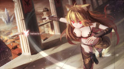 Rule 34 | 1girl, ahoge, animal ears, armband, armor, banner, bikini armor, blonde hair, breasts, cat ears, cat tail, city, cleavage, commentary request, copyright name, crack, destruction, fire, from above, full body, glowing, glowing eyes, holding, holding knife, knife, large breasts, long hair, midriff, outstretched arm, pixiv fantasia, pixiv fantasia t, red eyes, revision, running, shadow, solo, tail, tattoo, tower, vambraces, xiaoyin li