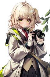 Rule 34 | 1girl, absurdres, ahoge, arknights, belt, black belt, black skirt, blonde hair, blush, brown vest, buttons, camera, closed mouth, coat, collared shirt, cowboy shot, expressionless, film grain, hair ornament, hands up, highres, holding, holding camera, hood, hood down, hooded coat, infection monitor (arknights), leaf, looking at viewer, necktie, one side up, open clothes, open coat, penguin4, red necktie, scene (arknights), shirt, short hair, simple background, skirt, sleeves past wrists, solo, standing, unbuttoned, vest, waistcoat, white background, white coat, white shirt, yellow eyes