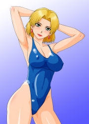 Rule 34 | 1girl, akagi ritsuko, armpits, arms behind head, arms up, blonde hair, breasts, cleavage, covered erect nipples, earrings, female focus, gradient background, green eyes, highres, jewelry, lipstick, makani kohitujito, makeup, mature female, mole, neon genesis evangelion, one-piece swimsuit, short hair, smile, solo, swimsuit