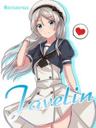 Rule 34 | 1girl, black jacket, black neckerchief, blue eyes, blue sailor collar, character name, cowboy shot, dress, gloves, grey hair, hat, heart, highres, jacket, javelin (kancolle), kantai collection, long hair, looking at viewer, loose hair strand, neckerchief, roko roko (doradorazz), sailor collar, sailor dress, sailor hat, short sleeves, simple background, solo, spoken heart, twitter username, white background, white dress, white gloves, white hat
