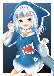 Rule 34 | 1girl, :d, animal costume, animal hood, blue eyes, blue hair, blue nails, blunt bangs, border, claw pose, commentary request, fins, fish tail, gawr gura, gawr gura (1st costume), highres, hololive, hololive english, hood, hood down, hoodie, long sleeves, looking at viewer, multicolored hair, nail polish, open mouth, shark costume, shark hood, shark tail, sharp teeth, sidelocks, smile, solo, streaked hair, tail, teeth, virtual youtuber, white border, white hair, wide sleeves, win opz