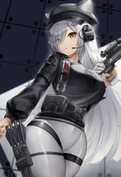 Rule 34 | 1girl, absurdres, animal ears, arknights, arrow (projectile), black hat, black jacket, breasts, cabbie hat, cat ears, cowboy shot, ears through headwear, eyes visible through hair, grey pants, hair over one eye, hat, headset, highres, holding, holding weapon, holster, jacket, large breasts, long hair, long sleeves, looking at viewer, official alternate costume, pants, parted lips, roina (effj7473), schwarz (arknights), schwarz (skyline) (arknights), silver hair, solo, thigh strap, tight clothes, tight pants, very long hair, weapon, yellow eyes