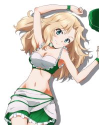 Rule 34 | 1girl, arms up, blonde hair, blue eyes, bracelet, breasts, choker, cleavage, closed mouth, coco&#039;s, commentary, commission, crop top, frilled shirt, frilled skirt, frills, from above, garrison cap, girls und panzer, green choker, green hat, green shirt, green skirt, hair intakes, hat, head tilt, jewelry, kay (girls und panzer), kayabakoro, long hair, looking at viewer, lying, medium breasts, midriff, miniskirt, navel, official alternate costume, on back, pixiv commission, pleated skirt, shadow, shirt, simple background, skirt, sleeveless, sleeveless shirt, smile, solo, unworn hat, unworn headwear, white background