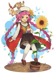 Rule 34 | 1girl, :d, animal, artist name, beret, blue eyes, blue flower, blue neckwear, bow, braid, brown footwear, brown shirt, brown skirt, commentary, dragalia lost, flower, green footwear, hat, hentaki, jacket, long sleeves, looking at viewer, low twintails, maribelle (dragalia lost), open clothes, open jacket, open mouth, pantyhose, pink hair, plaid, plaid skirt, plant, pleated skirt, potted plant, rabbit, red bow, red jacket, round teeth, sailor collar, school uniform, serafuku, shirt, shoes, short eyebrows, skirt, smile, solo, squirrel, sunflower, teeth, thick eyebrows, twin braids, twintails, upper teeth only, watermark, web address, white hat, white pantyhose, white sailor collar, yellow flower