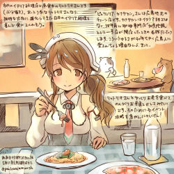 Rule 34 | 1girl, armor, bicorne, brown eyes, brown hair, chopsticks, coaster, commentary request, dated, detached sleeves, feathers, food, glass, guinea pig, hat, kantai collection, kirisawa juuzou, littorio (kancolle), long hair, meatball, necktie, numbered, painting (object), pasta, pitcher (container), pizza, revision, side ponytail, spaghetti, translation request, twitter username, water, wavy hair