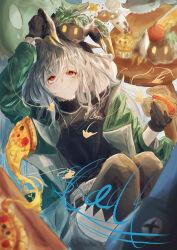 1girl absurdres apple arknights arm_up black_gloves black_sweater black_thighhighs breasts closed_mouth eating feet_out_of_frame food fruit gloves green_jacket grey_hair grey_shorts hair_between_eyes highres holding hot_dog jacket long_hair metal_crab_(arknights) muffin official_alternate_costume open_clothes open_jacket pizza pizza_slice red_eyes shorts skadi_(arknights) skadi_(the_next_afternoon_tea)_(arknights) smile solo sweater thighhighs tsunehako