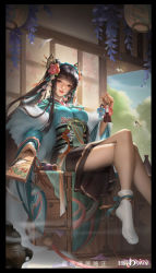 Rule 34 | 1girl, a han ji, absurdres, bare legs, blue sky, bottle, bug, butterfly, character request, collaboration, doll, flower, from below, hair ornament, higawari naishitsu, highres, insect, japanese clothes, kimono, lantern, sash, sky, smile, socks, solo, tree, twintails, wisteria, yiqian zhang