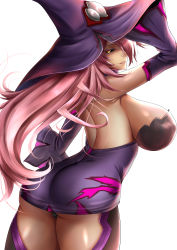 Rule 34 | 1girl, absurdres, arched back, armpits, ass, bare shoulders, black sclera, blazblue, blazblue: central fiction, breasts, colored sclera, cowboy shot, detached sleeves, dress, from behind, from side, hair over one eye, hat, highres, konoe a. mercury, large breasts, long hair, looking at viewer, looking back, orange eyes, panties, pantyshot, pink hair, purple dress, rai (artist), shiny skin, short dress, sideboob, simple background, smile, solo, thighhighs, underwear, very long hair, white background