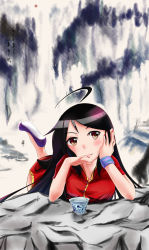 Rule 34 | 1girl, absurdres, ahoge, black hair, boat, breast press, breasts, brown eyes, china dress, chinese clothes, chinese new year, cup, dress, fingernails, highres, initial f, large breasts, long hair, lying, nail, nail polish, on stomach, original, solo, teacup, very long hair, watercraft