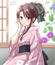 Rule 34 | 1girl, alternate costume, brown eyes, brown hair, commentary request, cowboy shot, floral print, flower, hair intakes, japanese clothes, jintsuu (kancolle), kantai collection, kimono, kurage1, leaf, lily print, long hair, looking at viewer, morning glory, one-hour drawing challenge, pink kimono, ponytail, sliding doors, solo, window, yukata