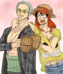 Rule 34 | 2boys, black hair, cup, earflap hat, earrings, gradient background, green hair, haramaki, hat, jewelry, male focus, monkey d. luffy, mug, multiple boys, one-eyed, one piece, one piece film: z, open clothes, open mouth, open shirt, plaid, plaid shirt, roronoa zoro, scar, shirt, smile, smiley, straw hat, sunglasses, t-shirt, v-neck