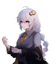 Rule 34 | 1girl, ahoge, black jacket, blue eyes, braid, breasts, closed mouth, collar, collared shirt, commentary, grey hair, grey vest, hair between eyes, hair ornament, jacket, kizuna akari, long hair, long sleeves, looking at viewer, medium breasts, necktie, off shoulder, open clothes, orange necktie, shirt, sidelocks, simple background, smile, solo, twin braids, twintails, upper body, v cho3, vest, vocaloid, voiceroid, white background