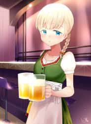 Rule 34 | 1girl, :o, alcohol, bar stool, beer, beer mug, blonde hair, blue eyes, blush, braid, commentary request, cup, dirndl, dress, german clothes, holding, indoors, kantai collection, looking at viewer, mug, official alternate costume, oriharaizaya819, parted lips, shin&#039;you (kancolle), short sleeves, signature, single braid, solo, stool